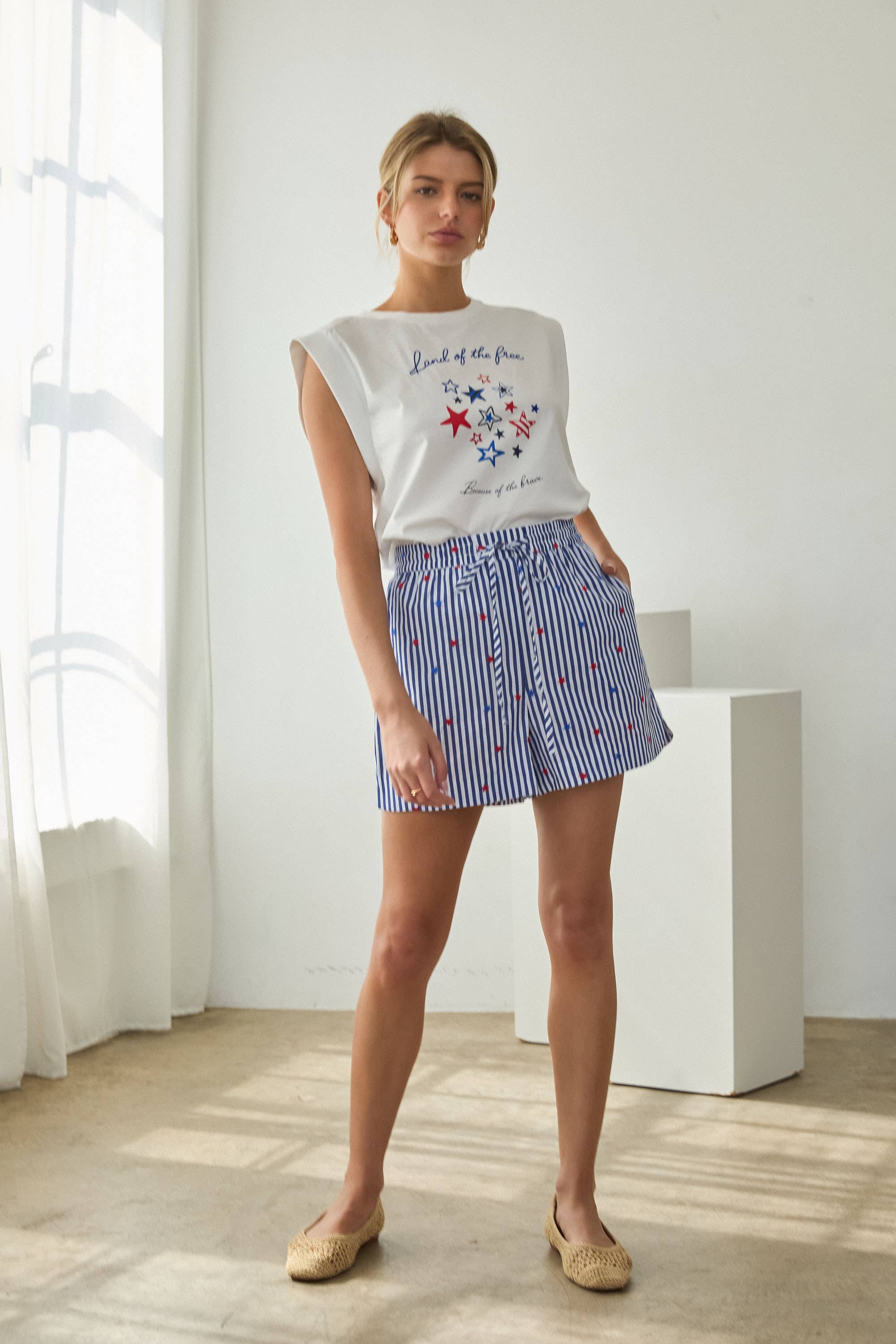 Striped Shorts with Star Embroidery