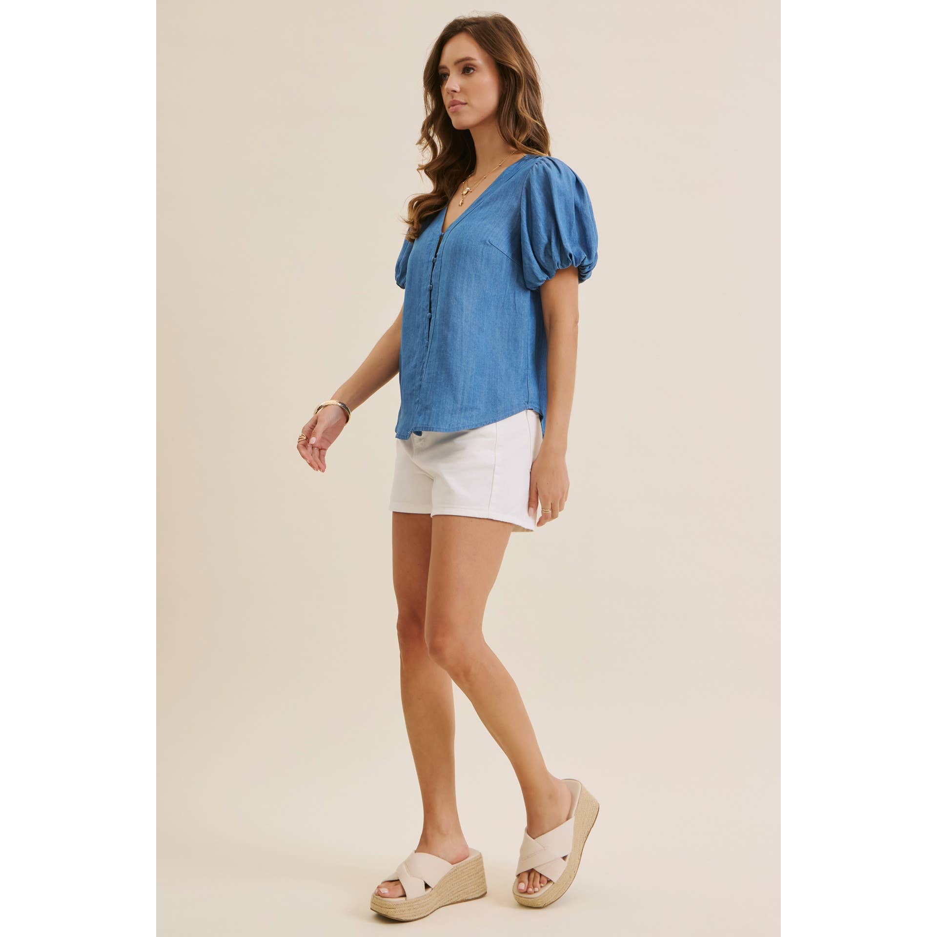 DENIM BUBBLE-SLEEVES TOP