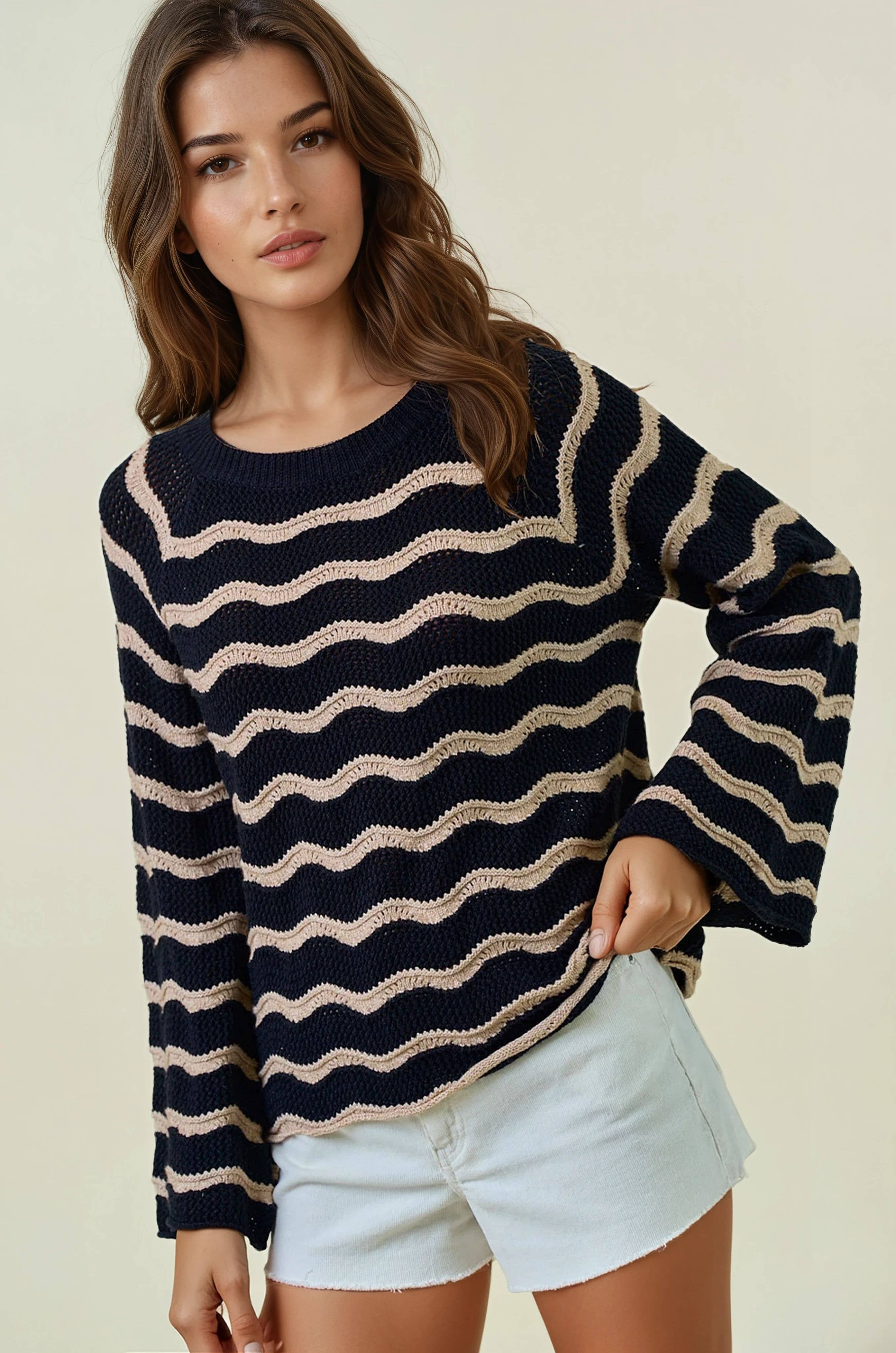 STRIPED POINTELLE BELL SLEEVE SWEATER TOP
