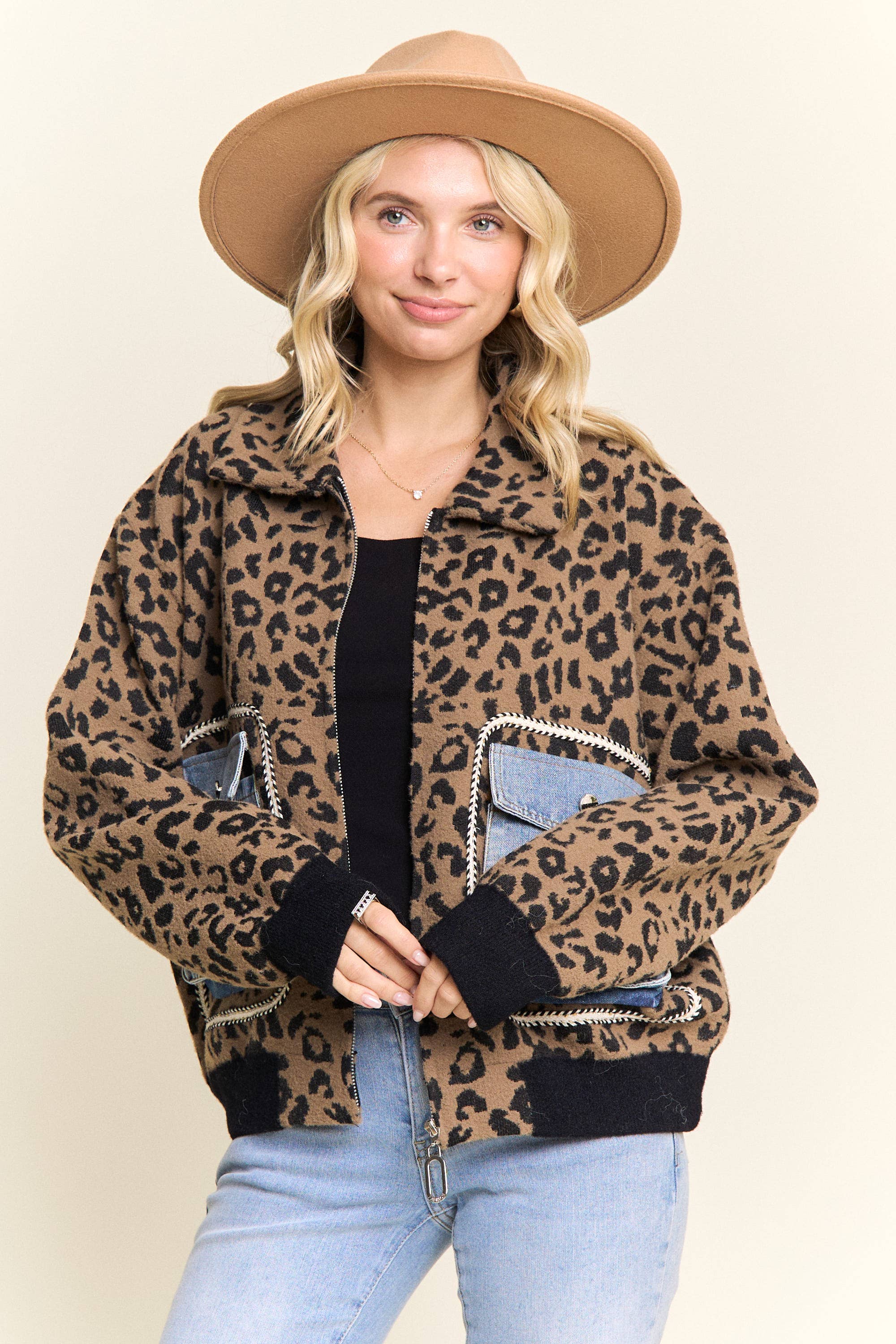 LEOPARD PRINT JACKET WITH DENIM POCKETS