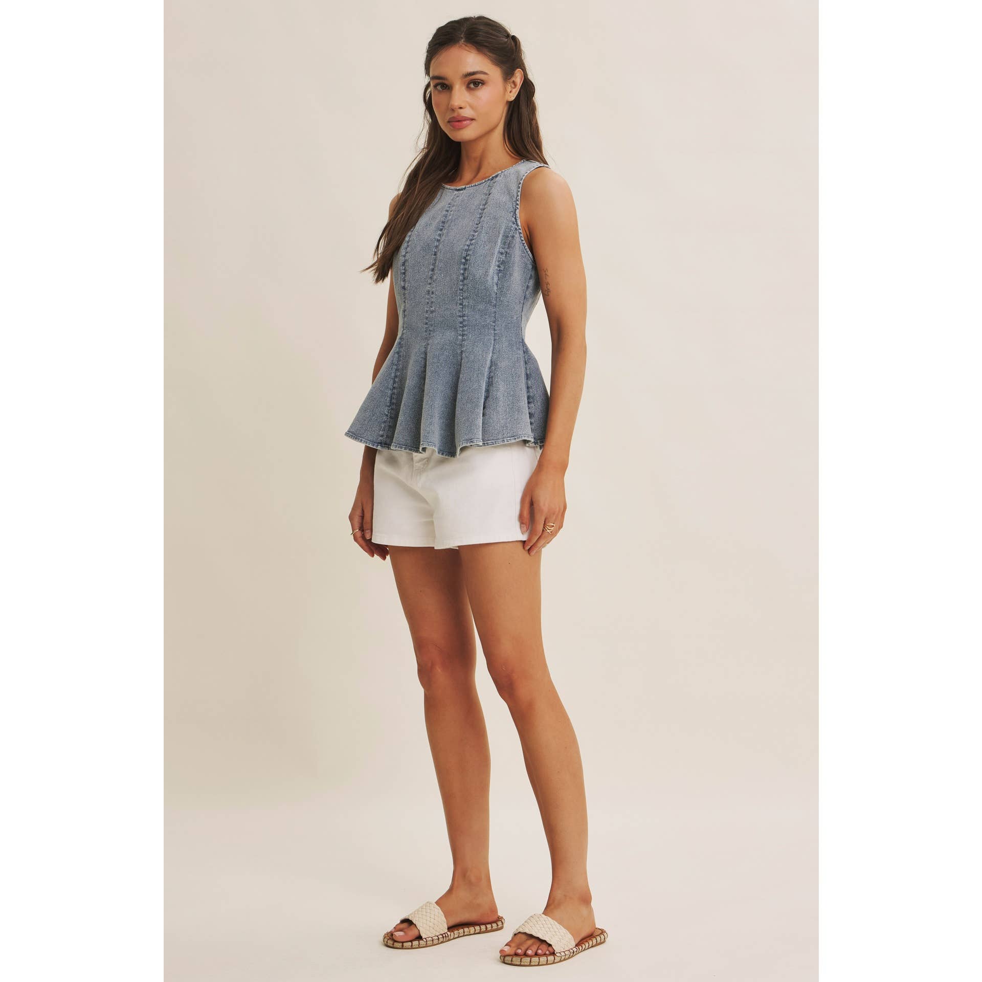 MINERAL-WASHED DENIM PEPLUM TOP