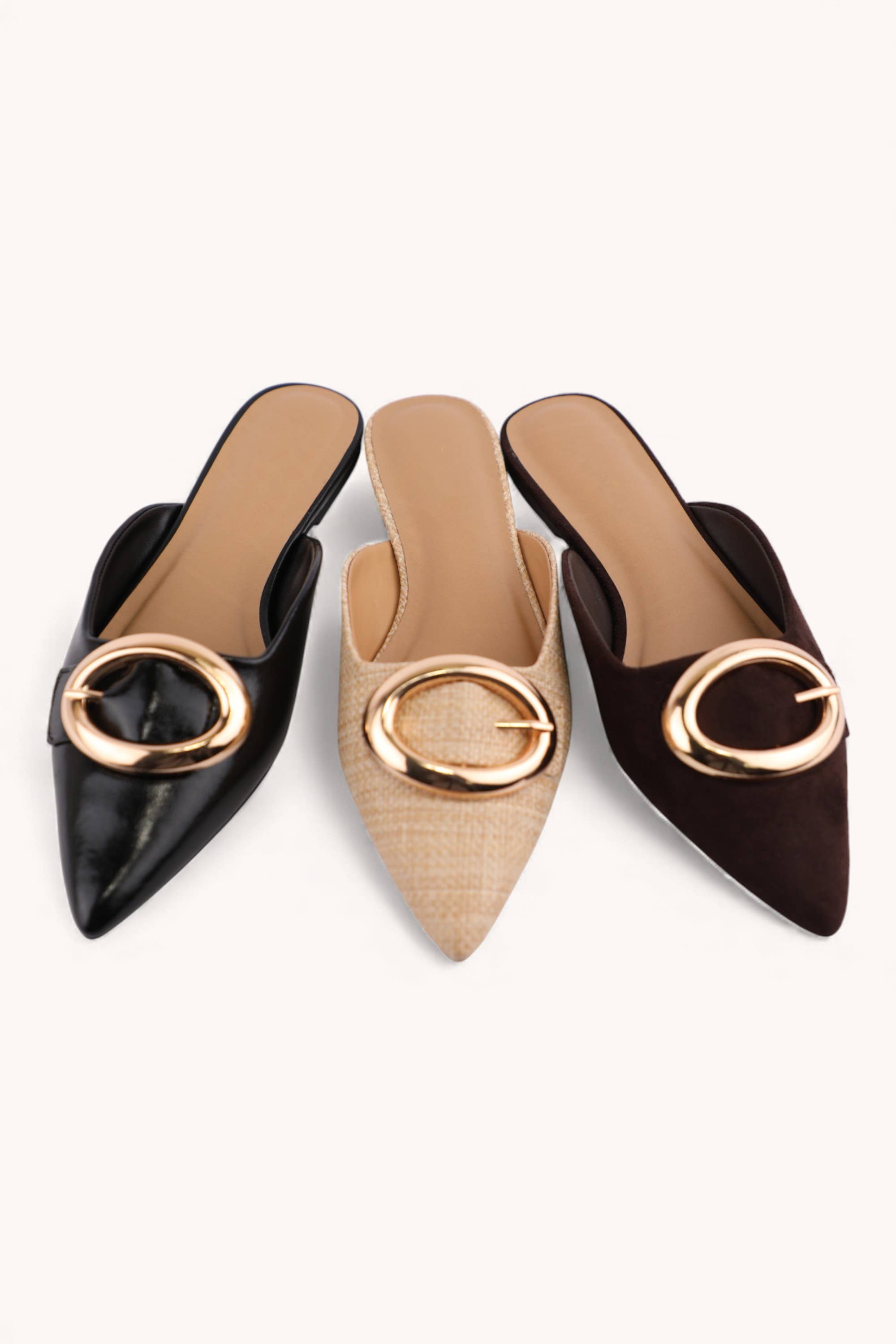 GOLD BUCKLE POINTED TOE MULES