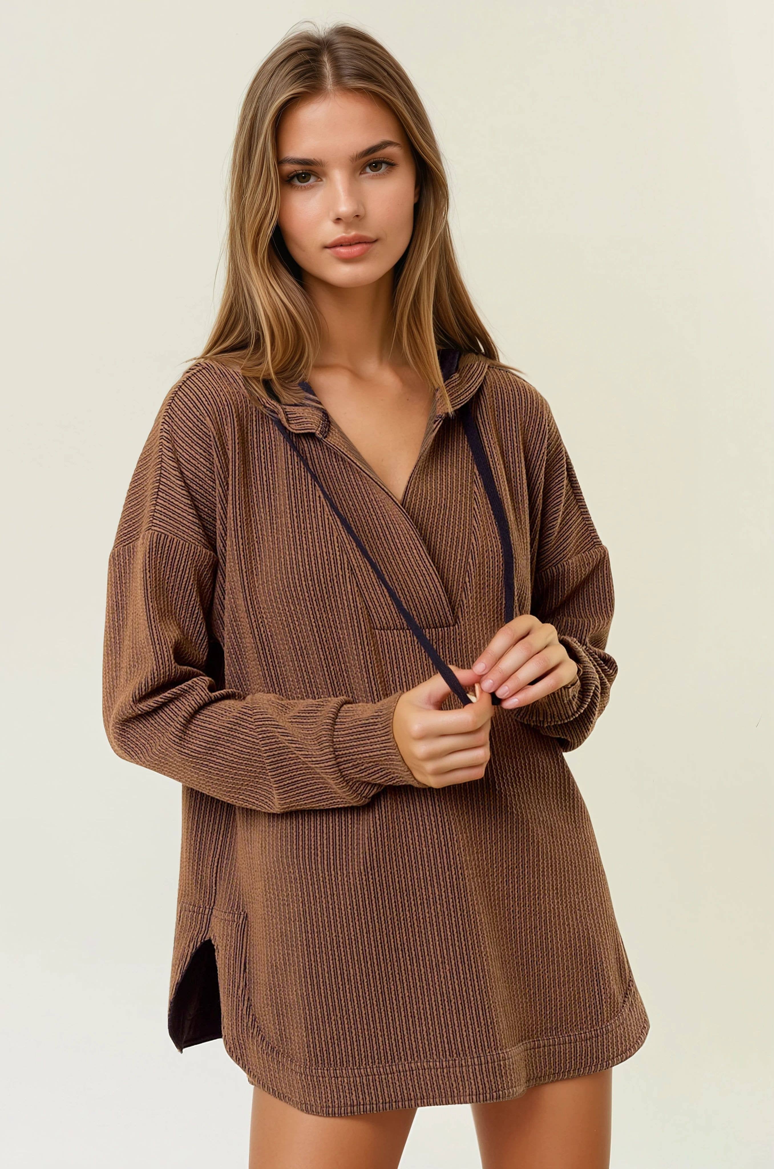 V-Neckline Long Hooded Sweatshirt