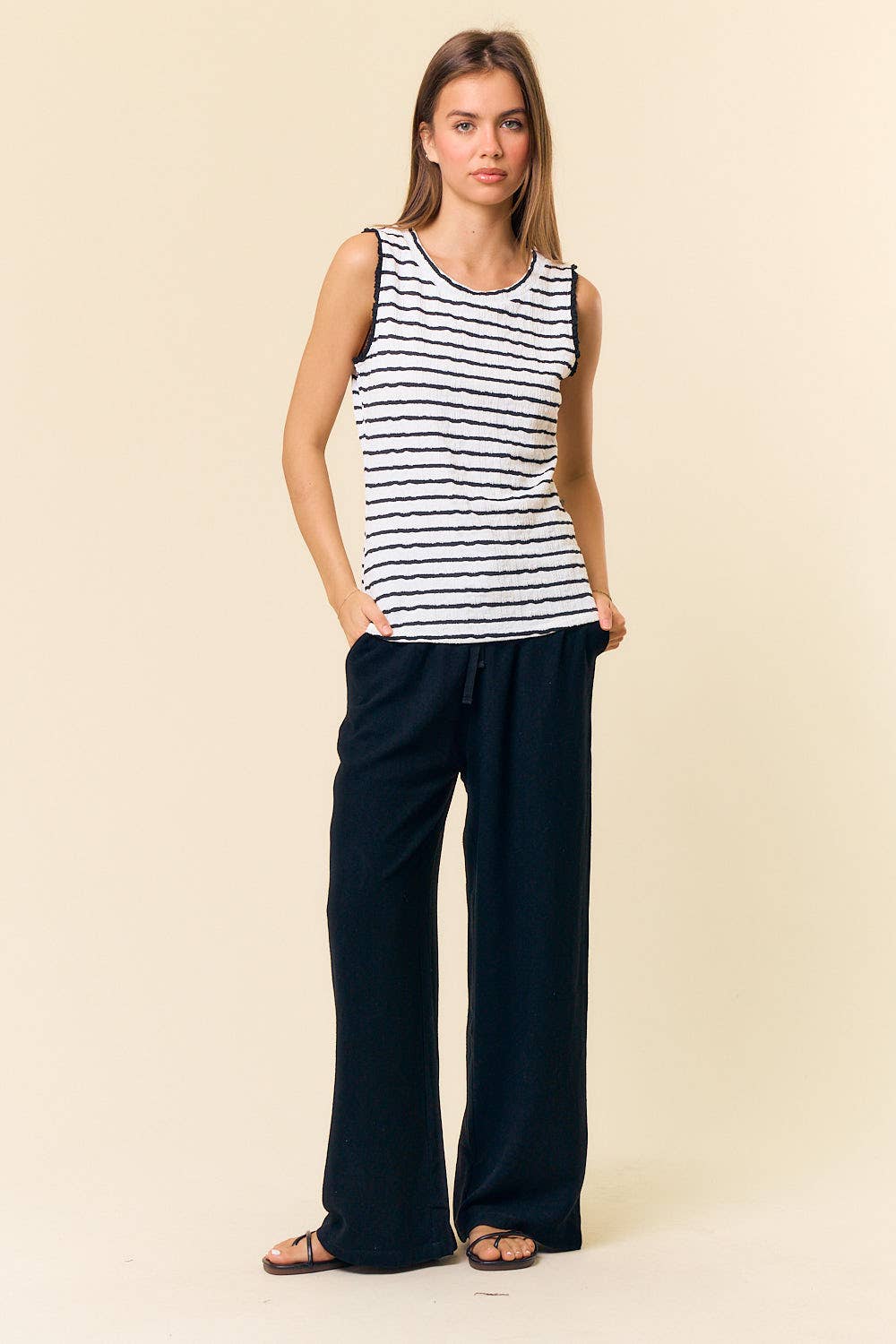 TEXTURED STRIPE RUFFLE TANK TOP