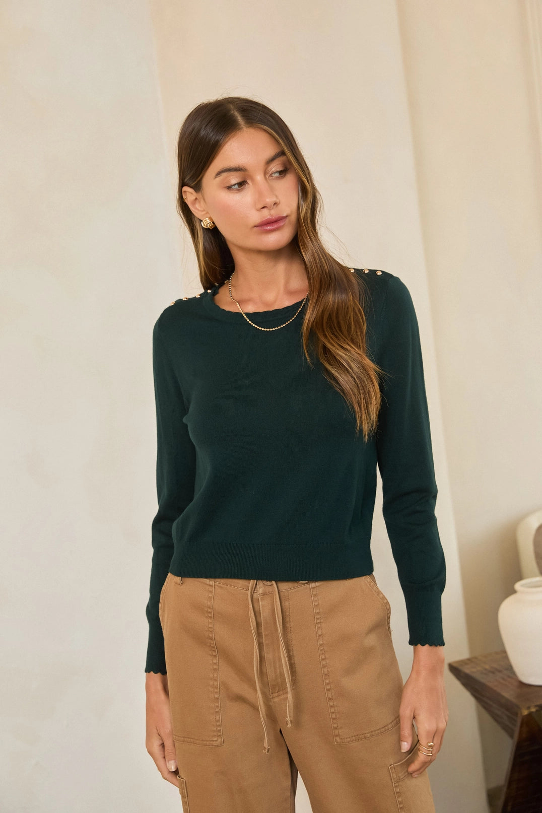 Gold Button Shoulder Accent Scalloped Crewneck Knit Sweater