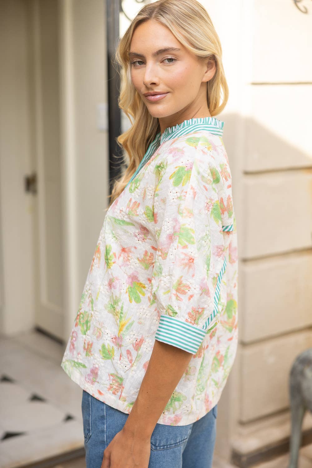 Stripe Contrast Floral Embroidered Top