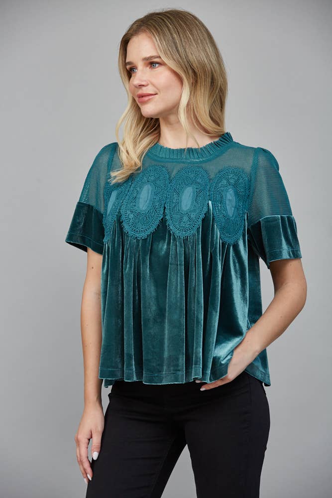 LACE DETAIL VELVET BABYDOLL TOP