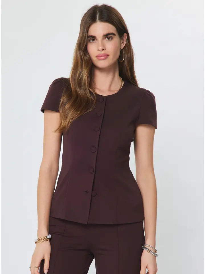 Ponte Button Front Short Sleeve Top