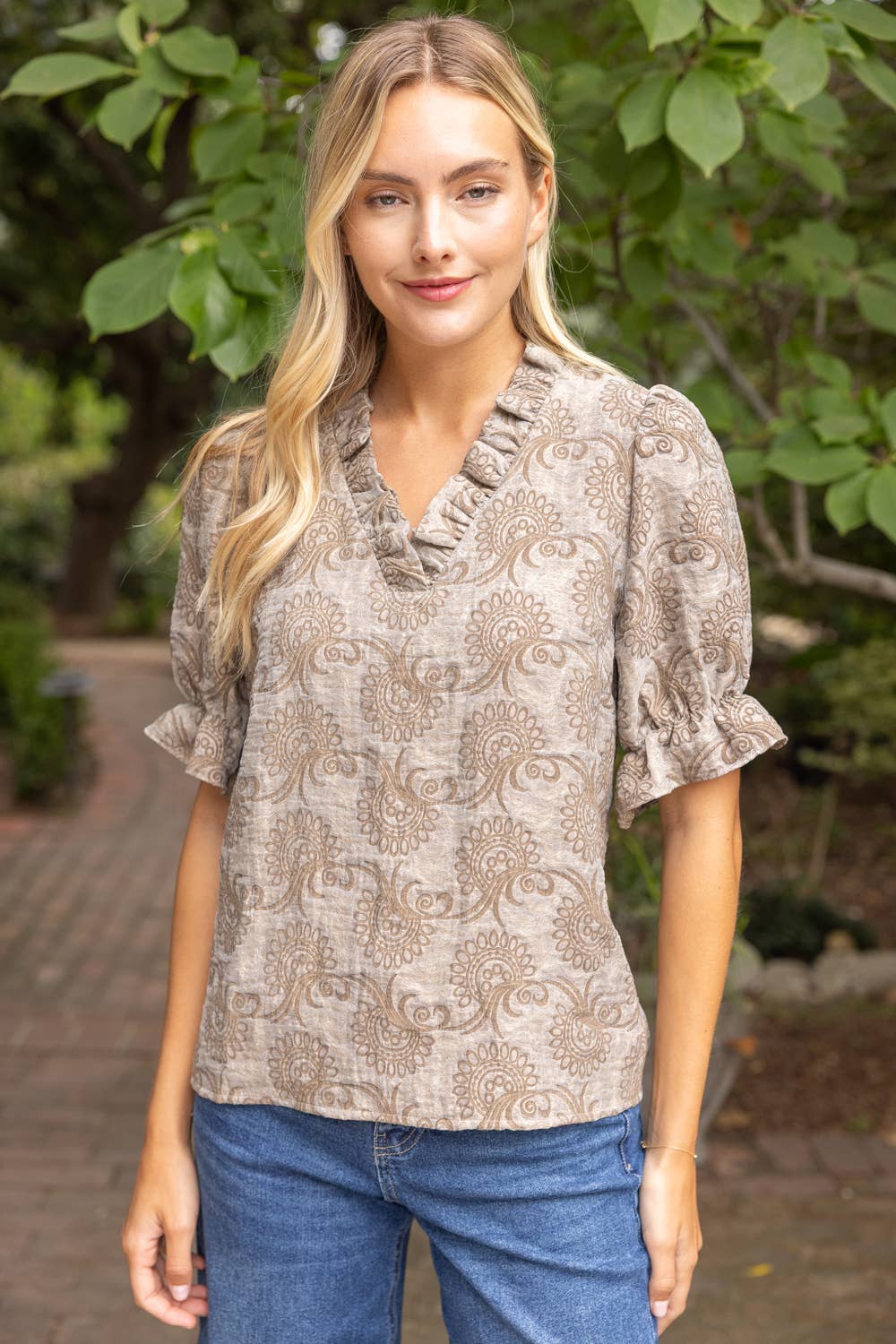37114 Ruffled V-Neck Abstract Jacquard Organza Top