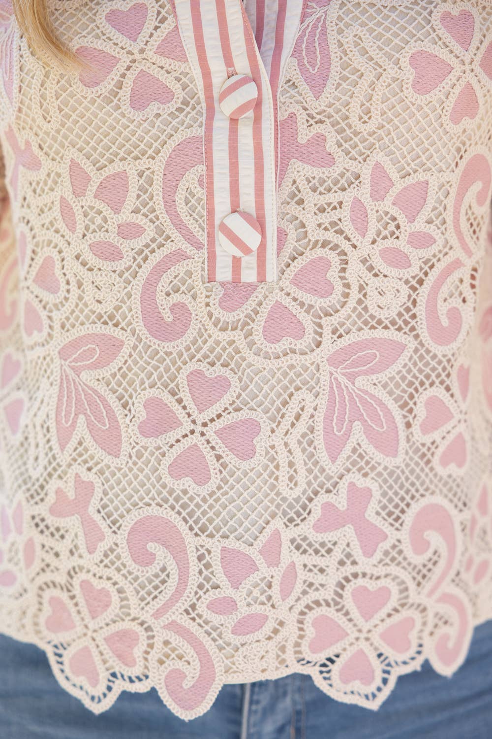 V-Neck Stripe and Lace Mixed Fabric Top