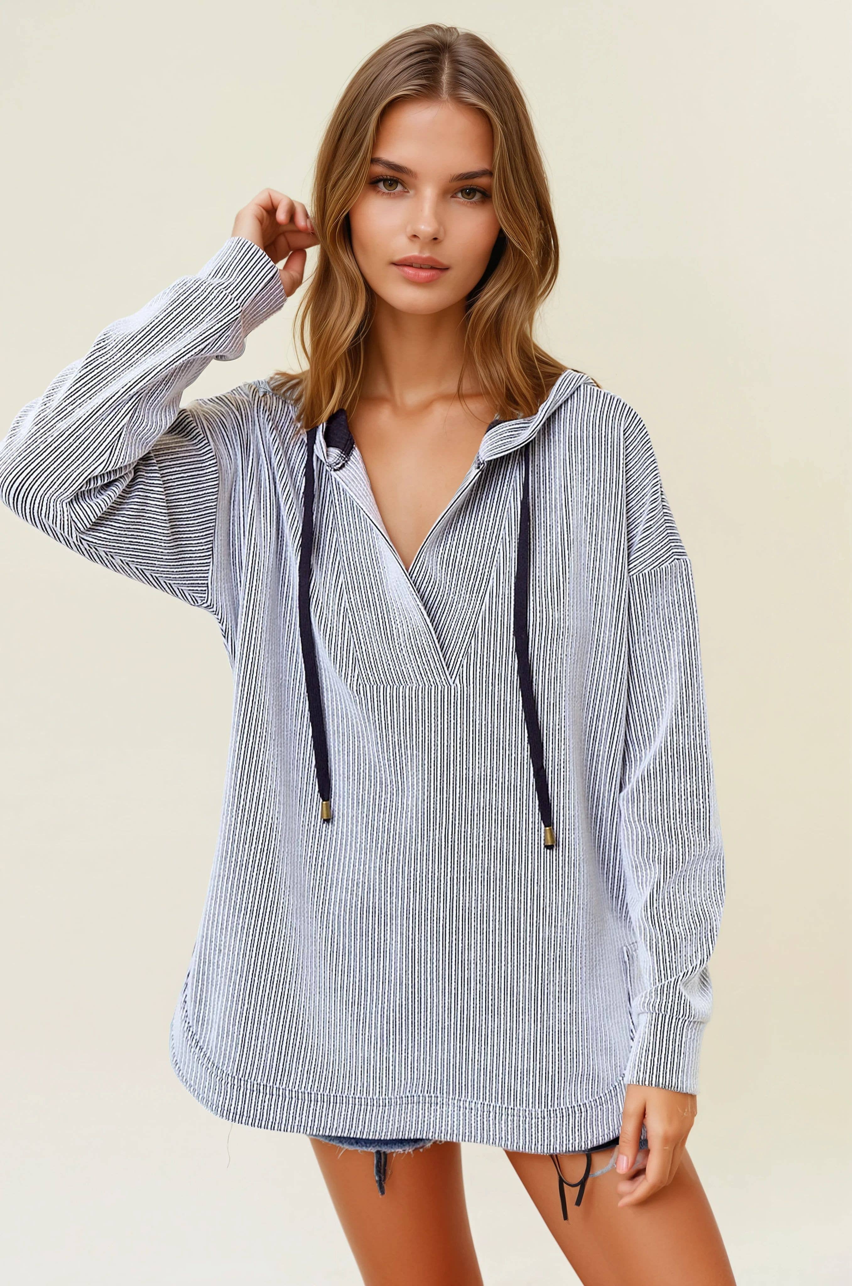 V-Neckline Long Hooded Sweatshirt