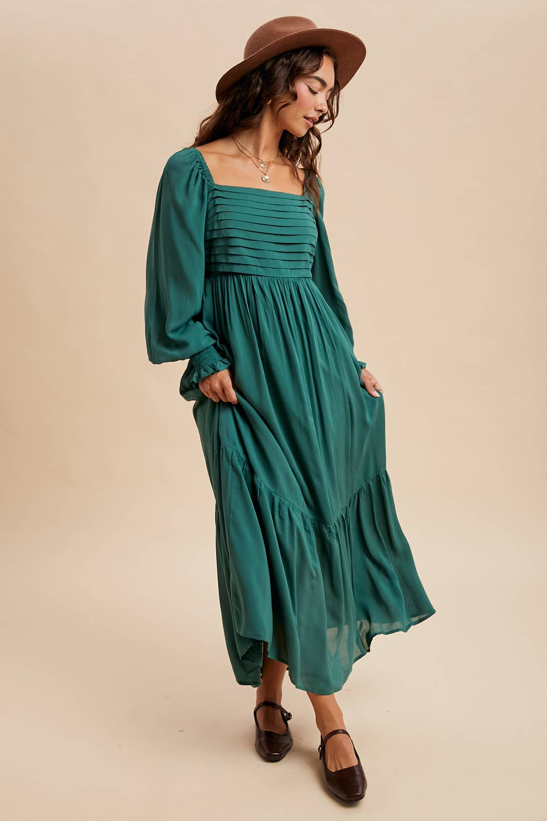 PLEATED SQUARE NECK MAXI DRESS