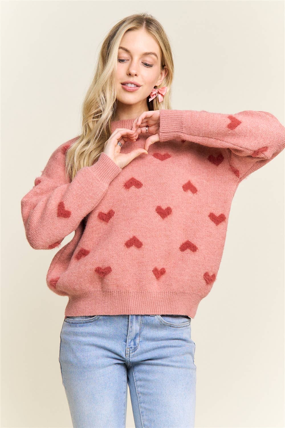 DROP SHOULDER HEART PATTERN SWEATER