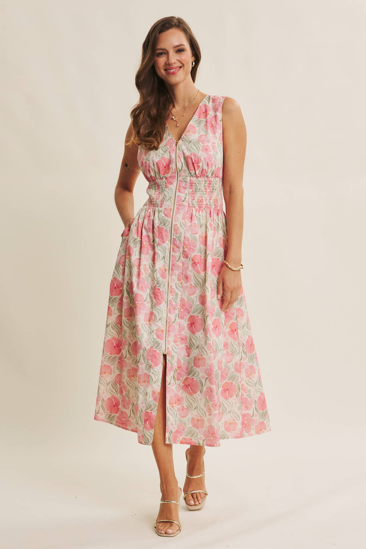 ZIP-FRONT COTTON MIDI DRESS