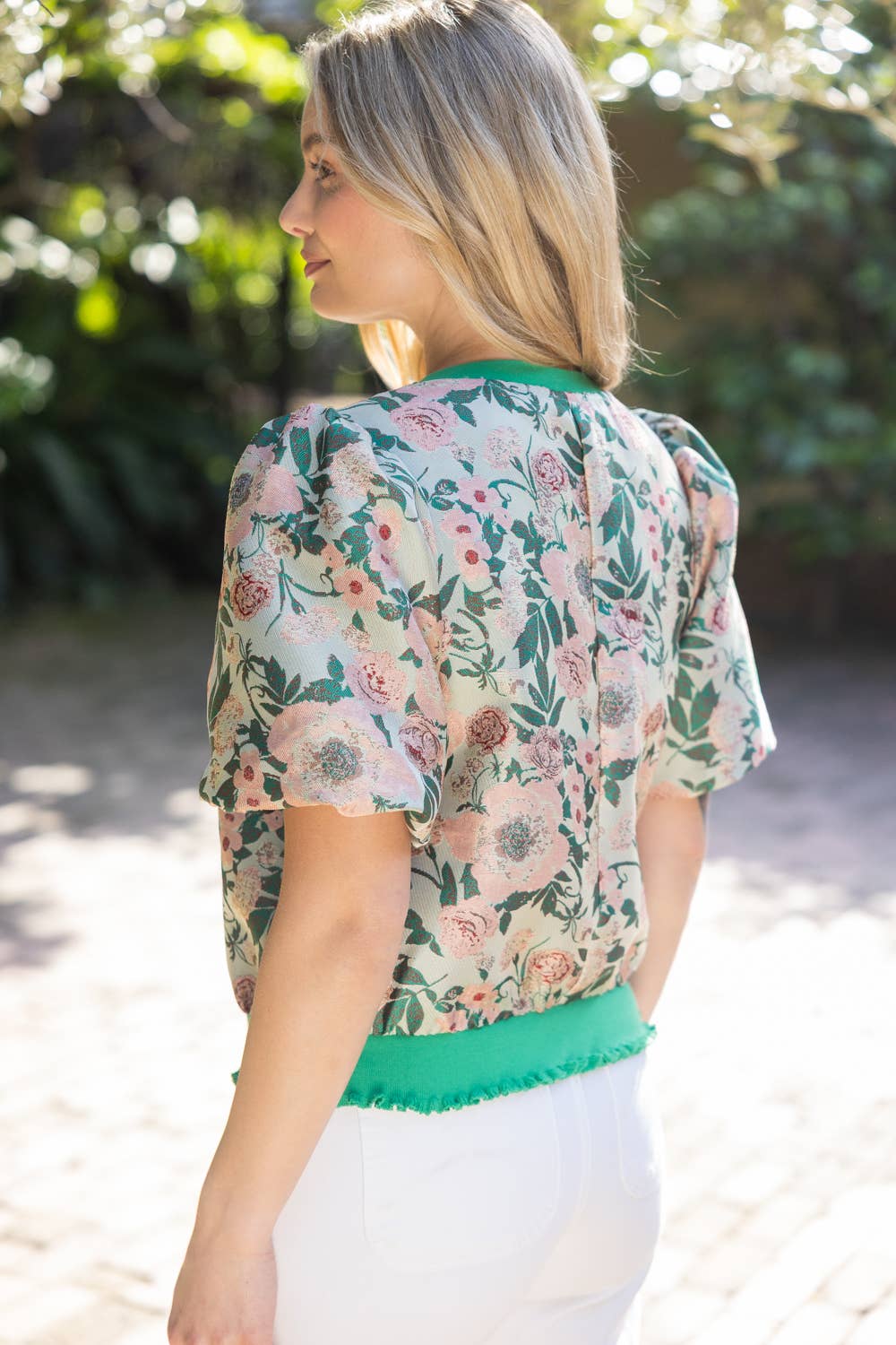 Floral Jacquard Bubble Sleeve Top