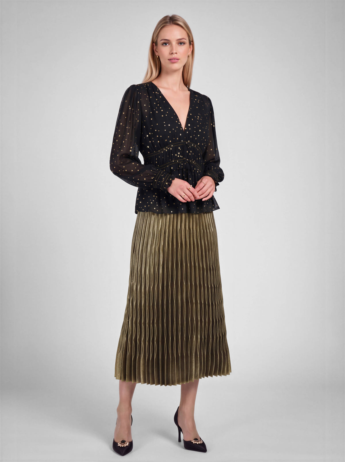 Metallic Pleated Midi Skirt