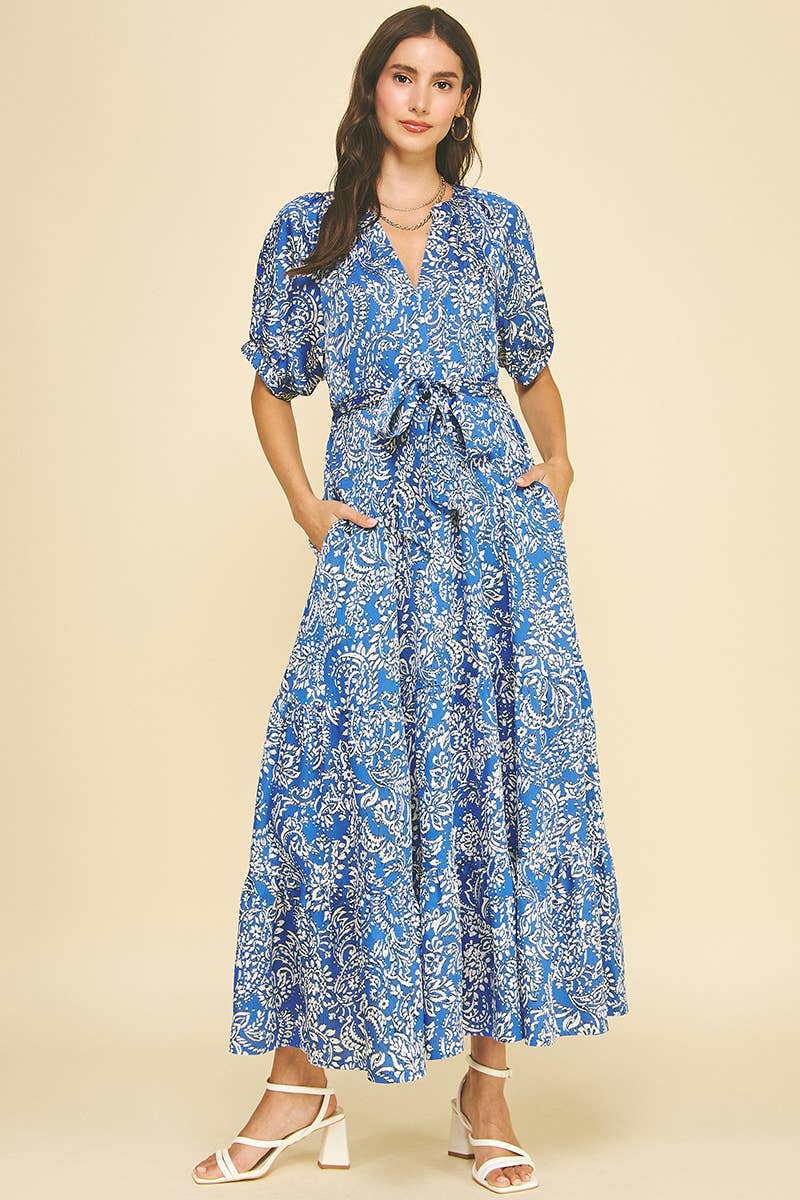 DAMASK PRINT TIERED MAXI DRESS