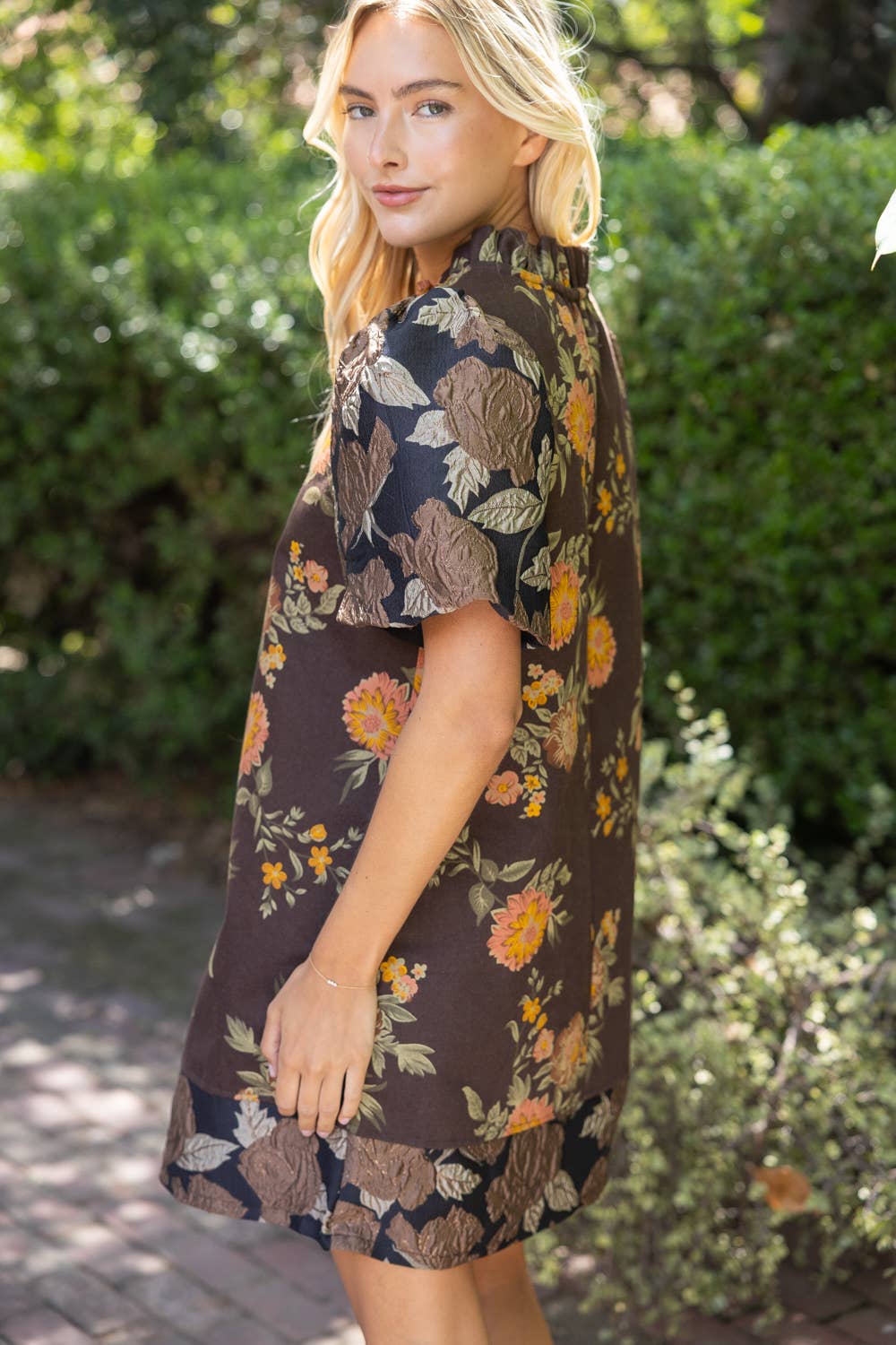 37060 Floral Jacquard Bubble Sleeve Ruffle V-Neck Dress