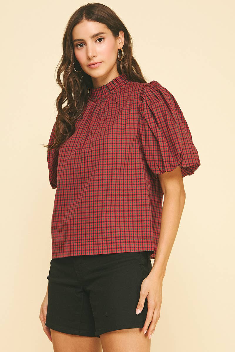 PLAID RUFFLED MOCK NECK BLOUSE