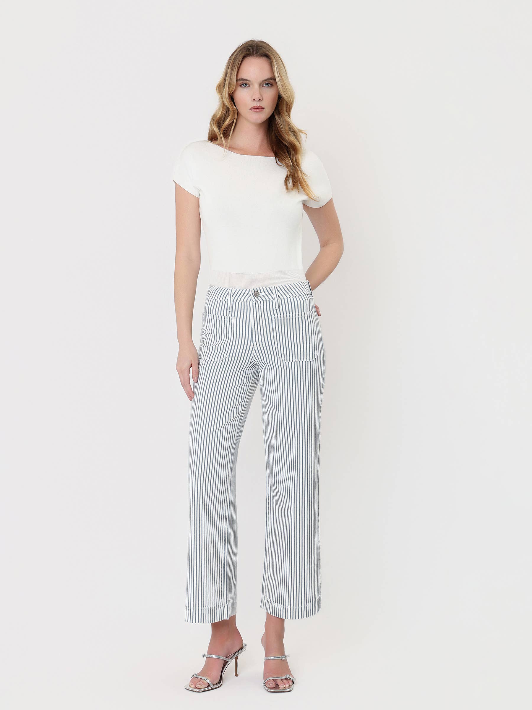 STRIPE HIGH RISE WIDE LEG JEANS