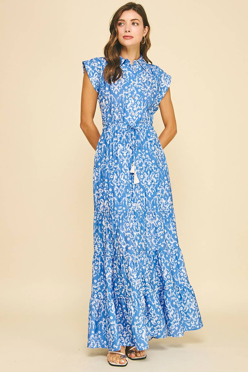 DAMASK PRINT TIERED MAXI DRESS