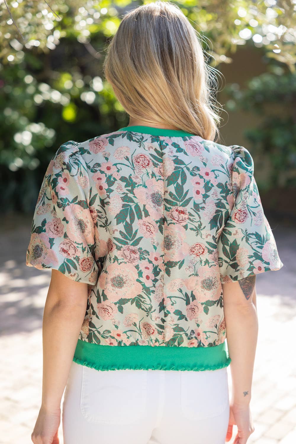 Floral Jacquard Bubble Sleeve Top