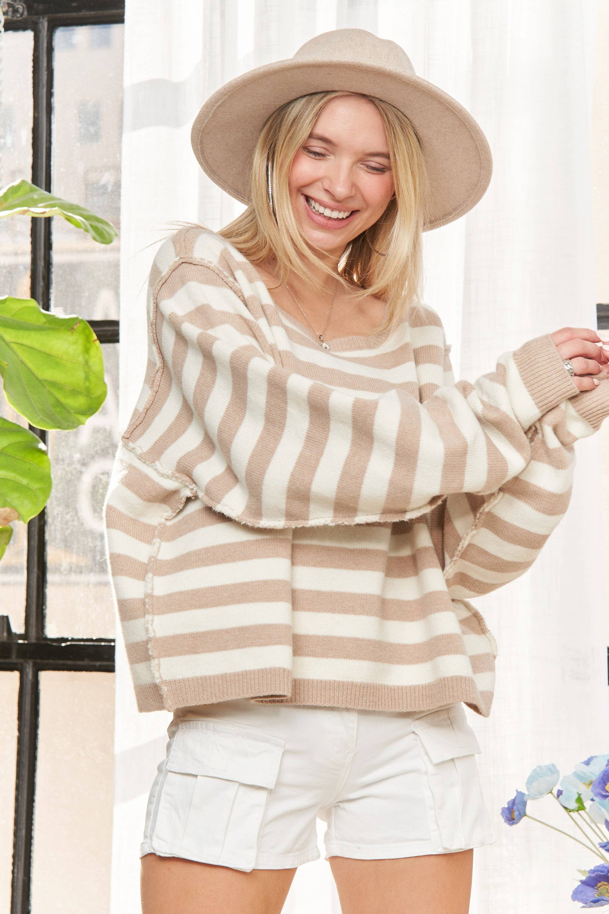 DROP SHOULDER STRIPE SWEATER