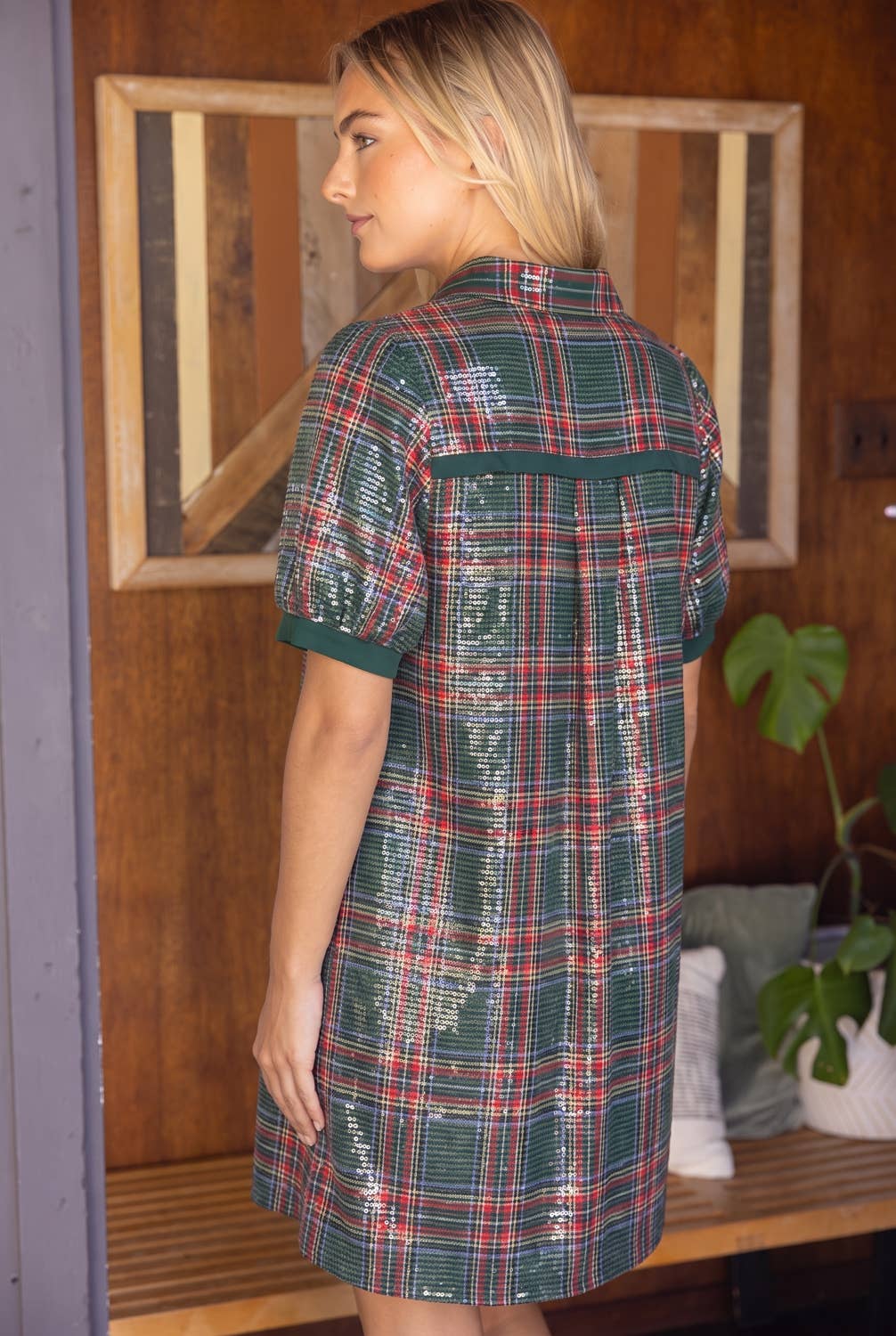 Button Down Plaid Sequins Dress
