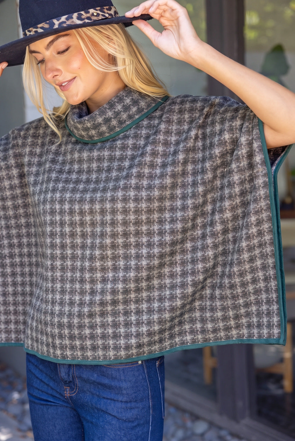 Cowl Neck Houndstooth Poncho