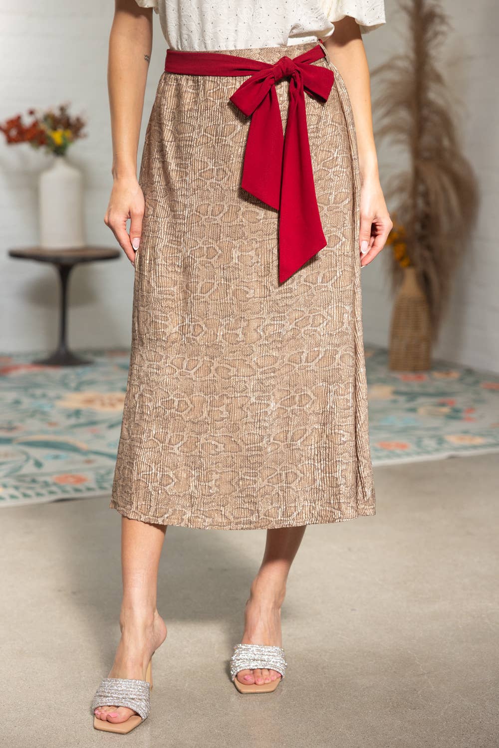 Red Belt Animal Print Midi Skirt