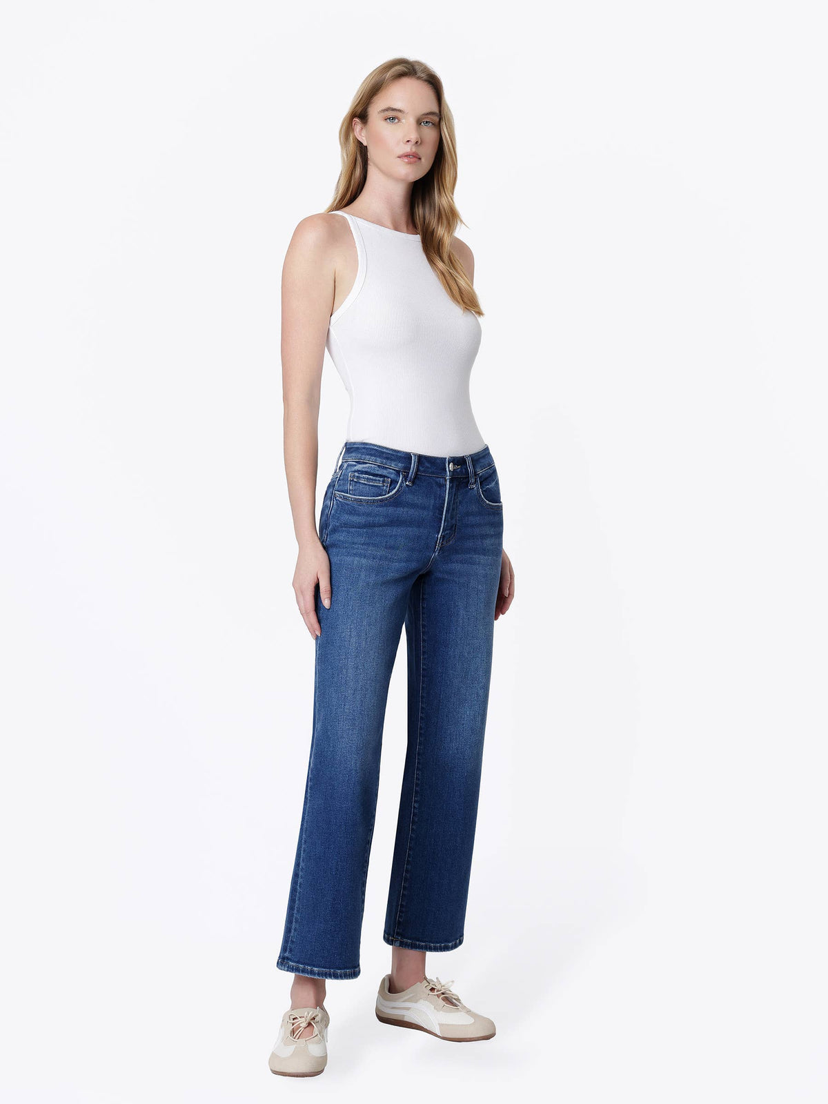 MID RISE DARK WASH ANKLE SLIM WIDE JEANS LV2357