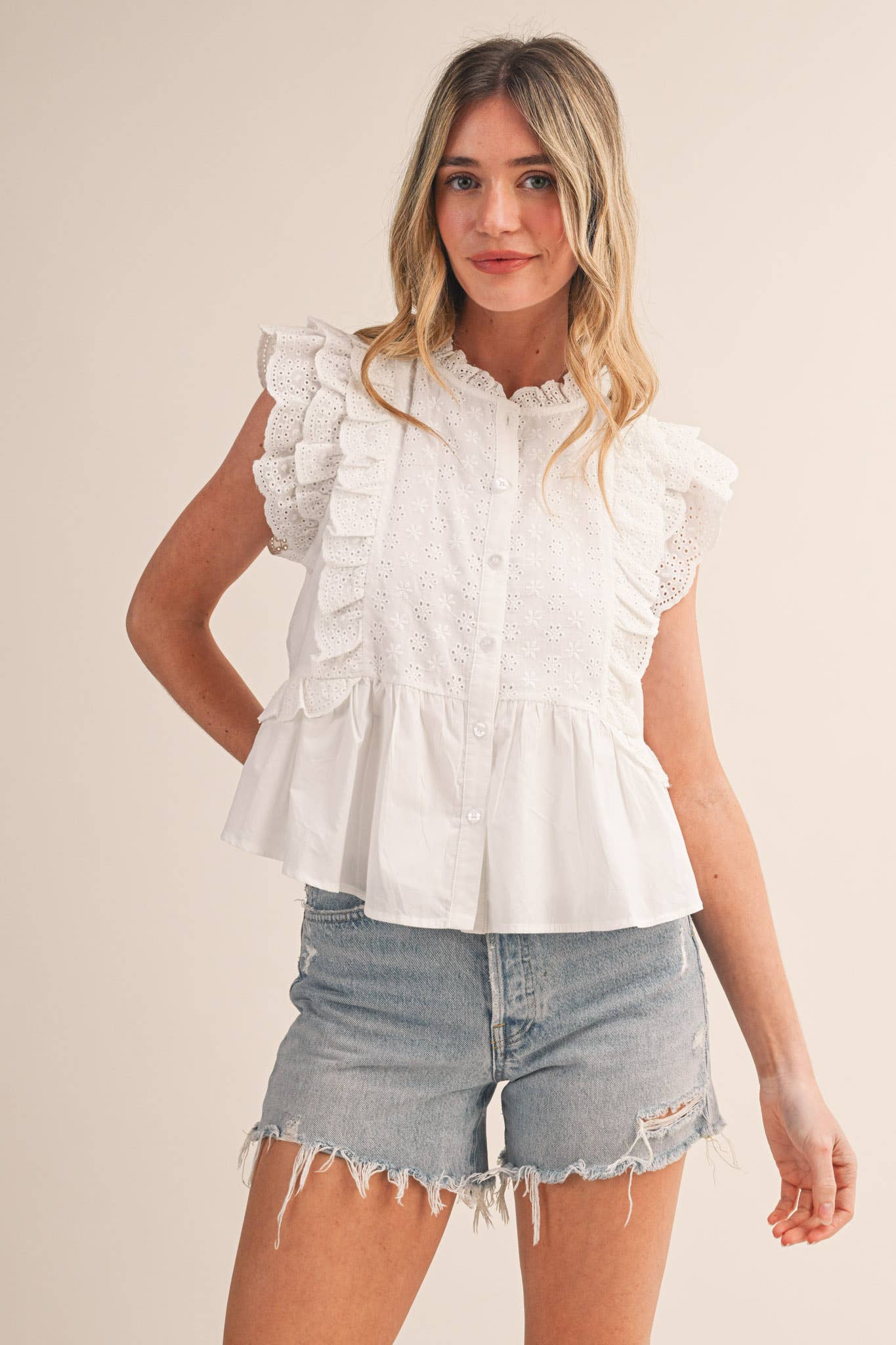 EYELET BUTTON DOWN PEPLUM TOP MTP4485: BLACK / L
