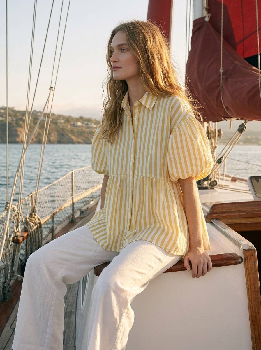 Bubble Sleeve Flowy Blouse Top