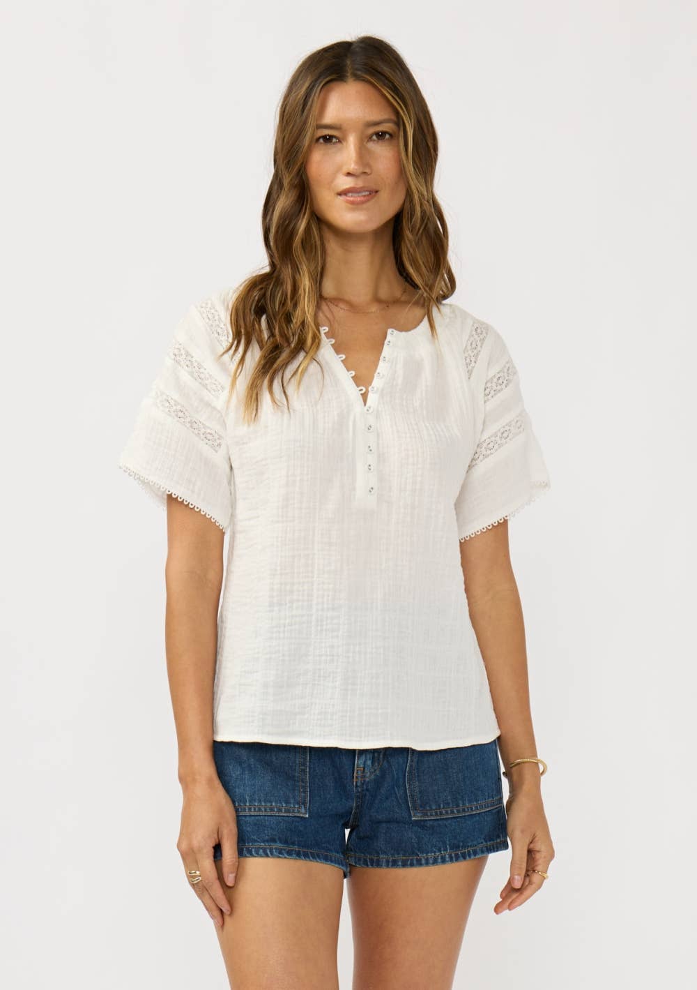 Half Button Front Top with Lace Trims