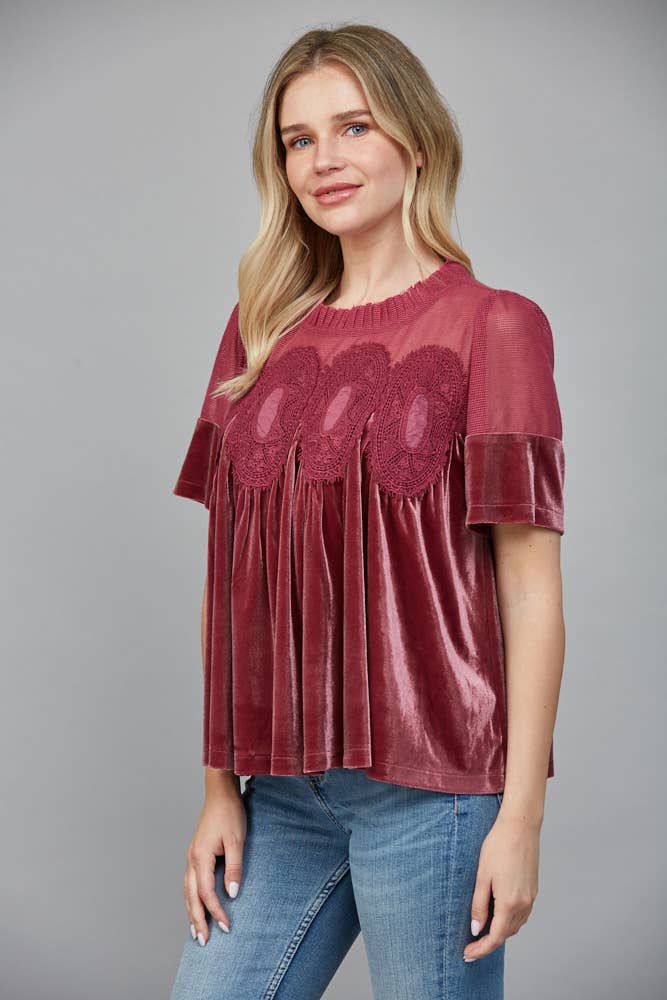 LACE DETAIL VELVET BABYDOLL TOP