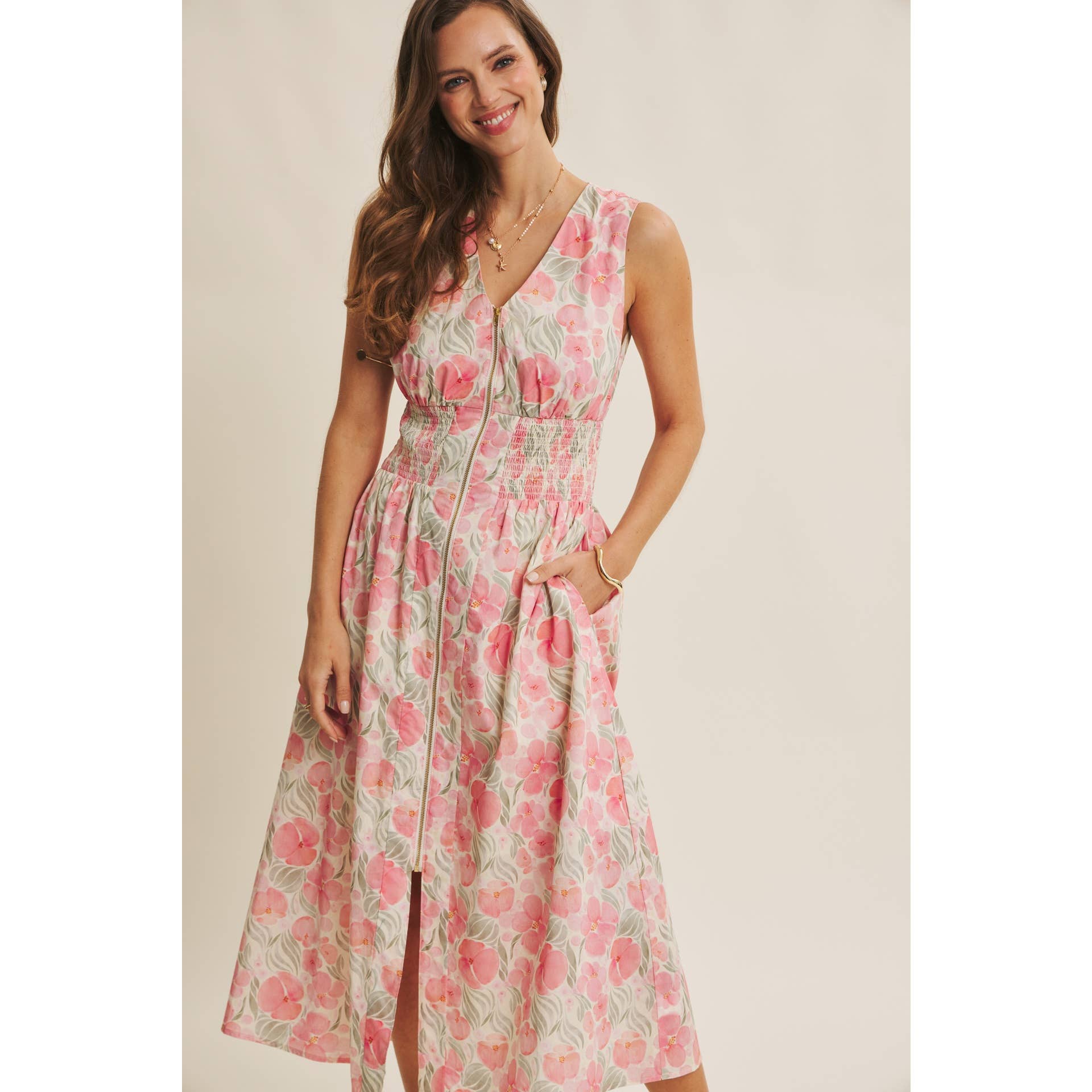ZIP-FRONT COTTON MIDI DRESS