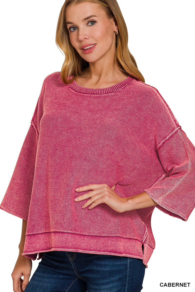 Washed 3/4 Sleeve Boxy Sweater