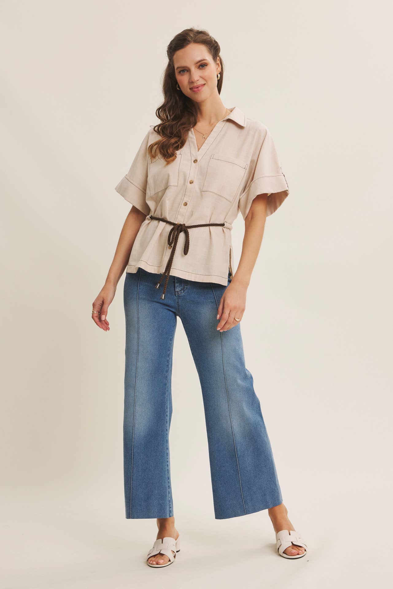 PINTUCK ANKLE LENGTH WIDE-LEG DENIM PANTS