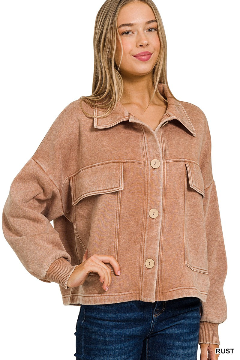 Acid Washed Fleece Cropped Shacket
