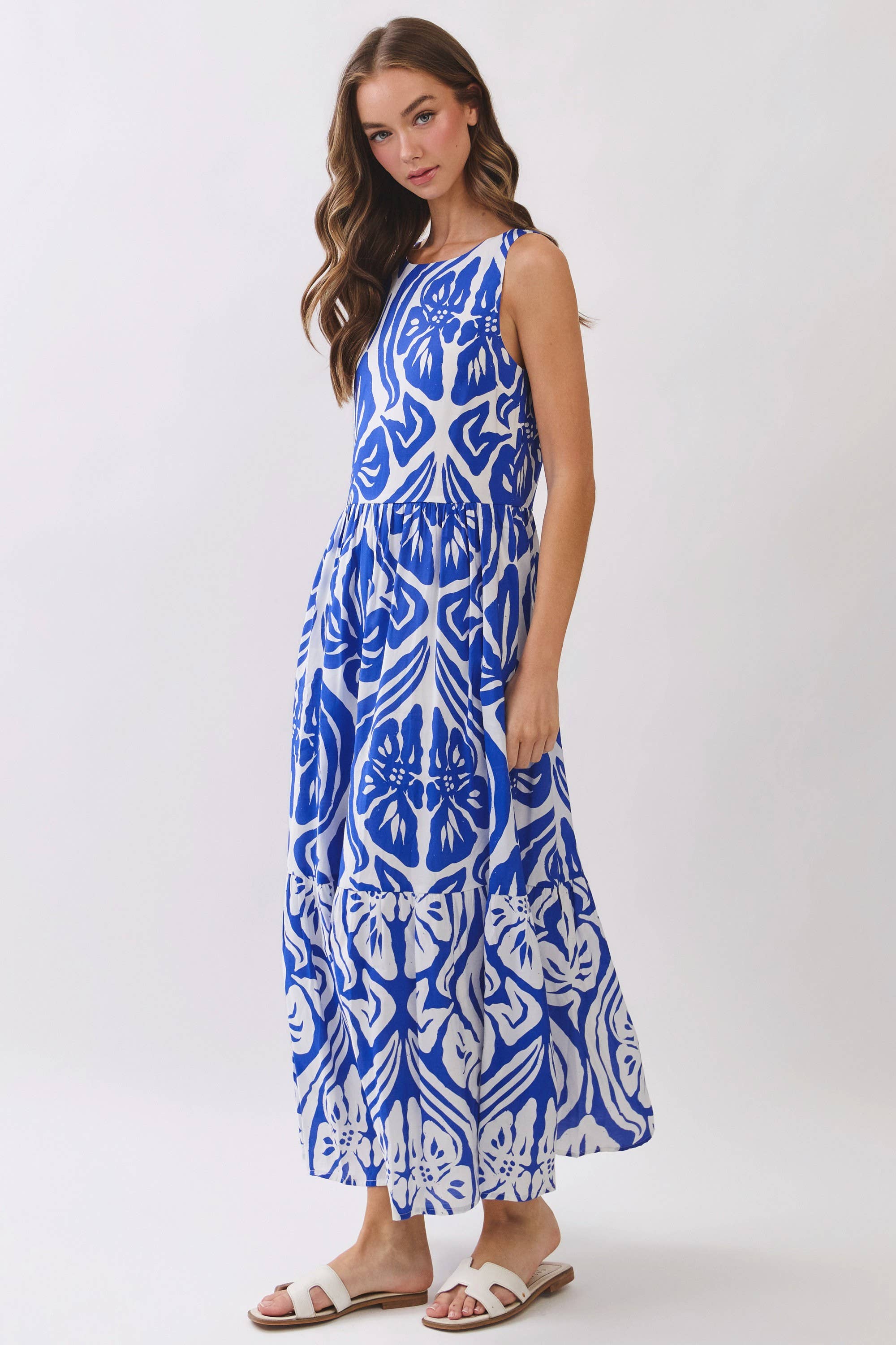 Abstract Floral Print Tiered Maxi Dress