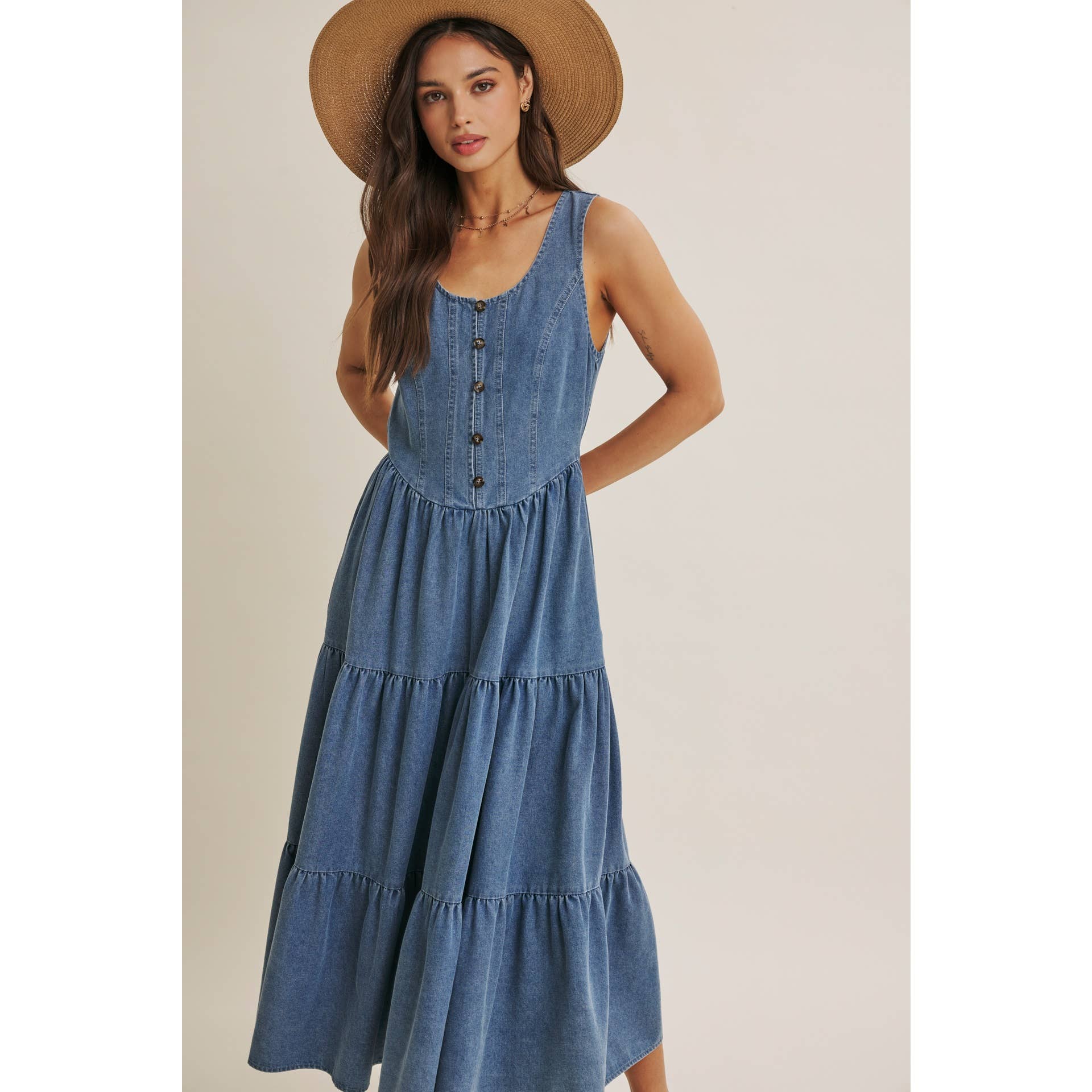 DENIM TIERED MIDI DRESS