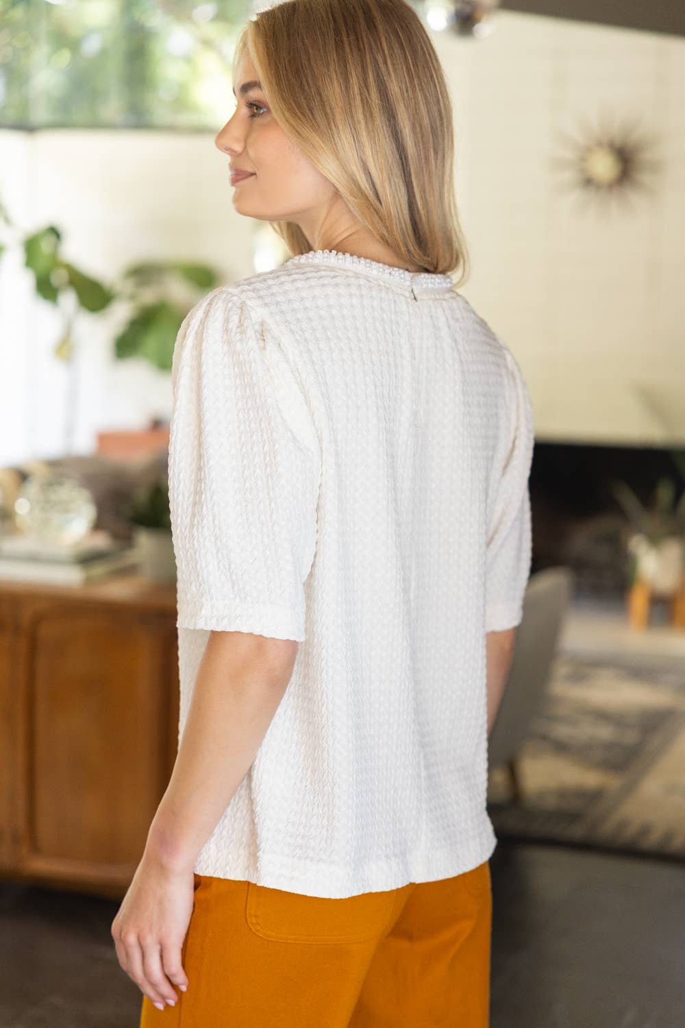 Pearl Neck Trim Textured Knit Top