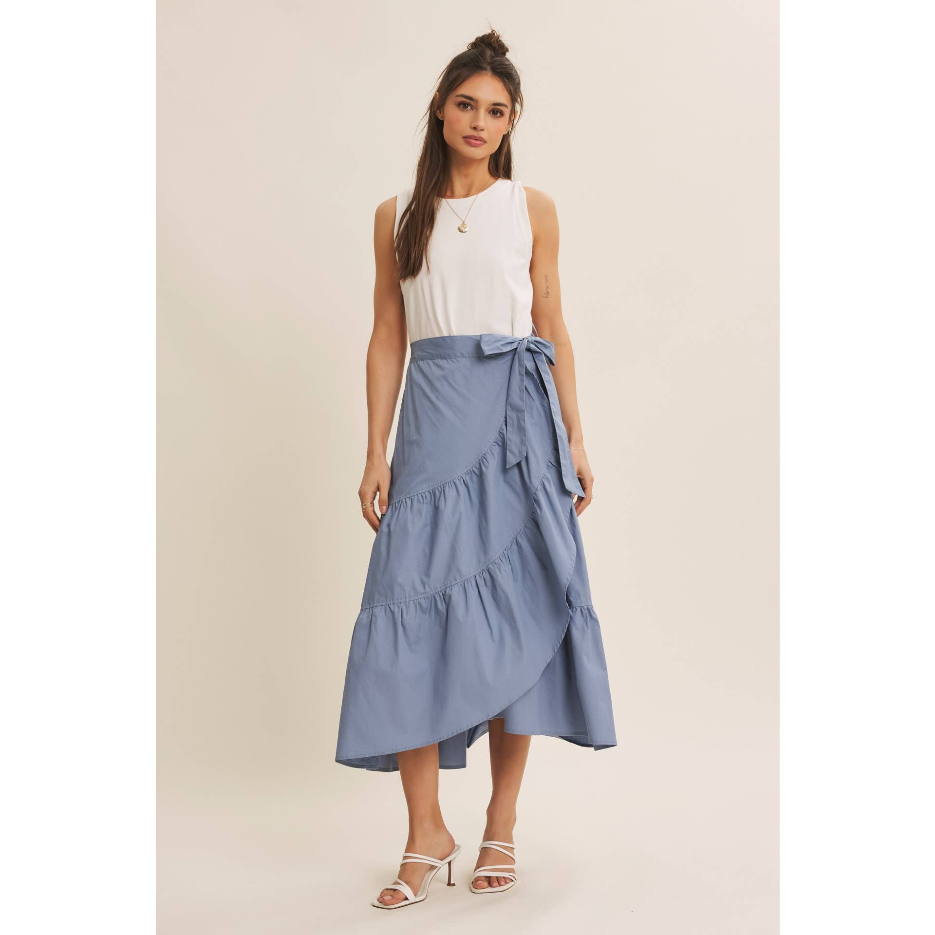 TIERED WRAP MIDI DRESS