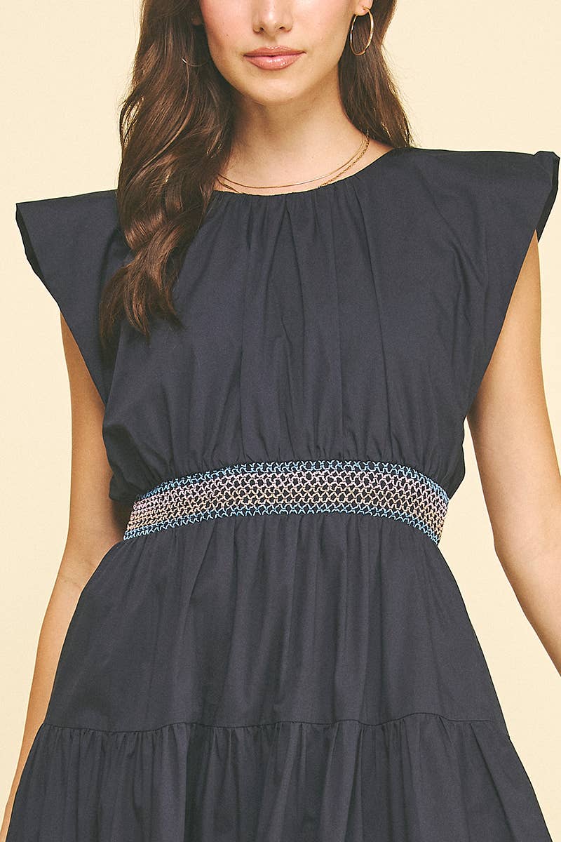 MIDI DRESS WITH SMOCKED WAISTBAND