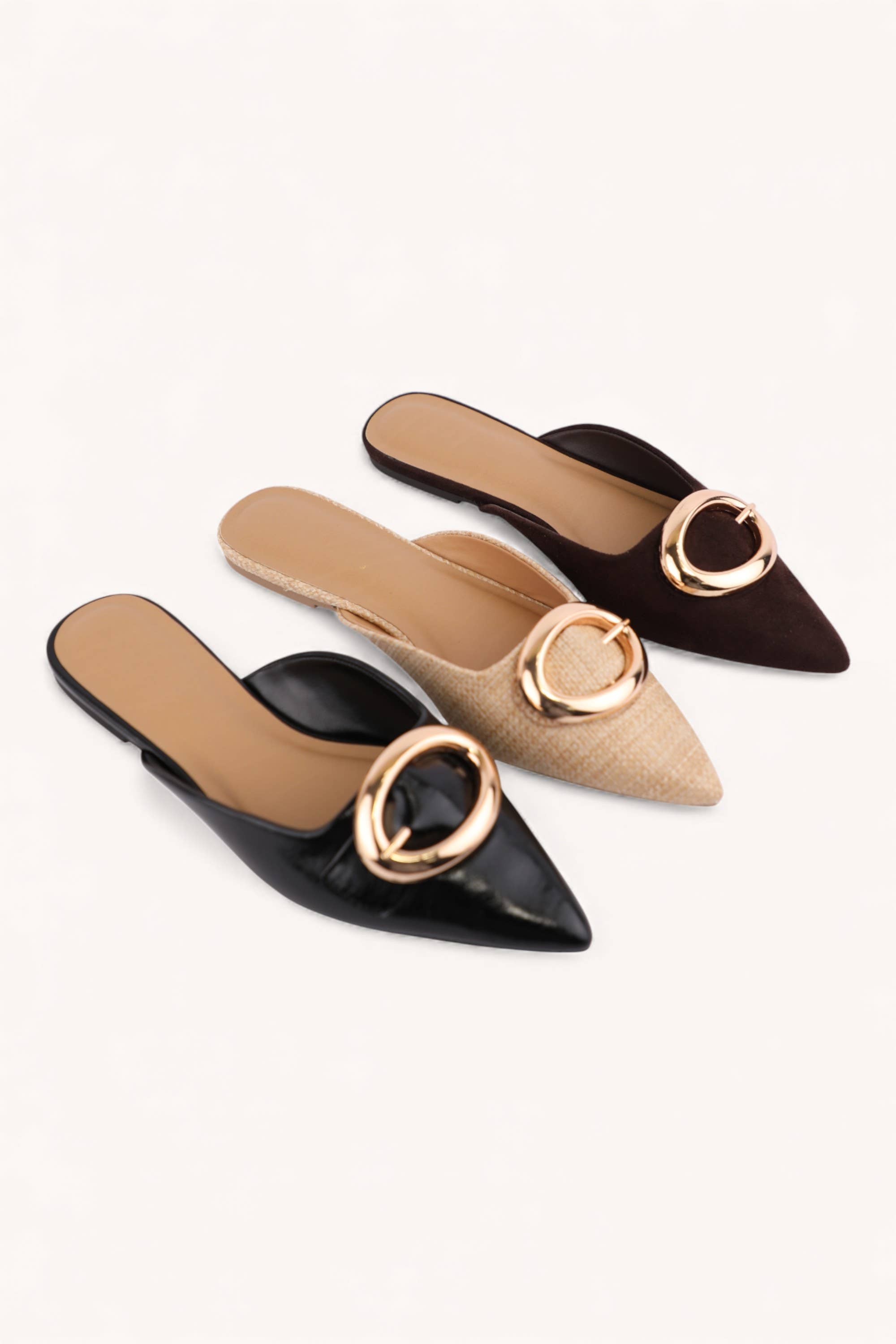 GOLD BUCKLE POINTED TOE MULES