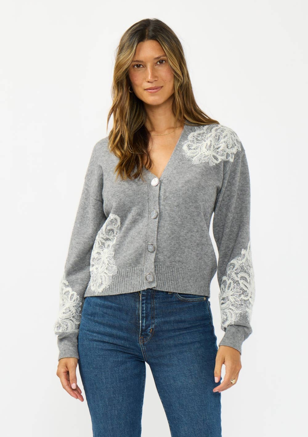 V-Neck Lace Accent Cardigan