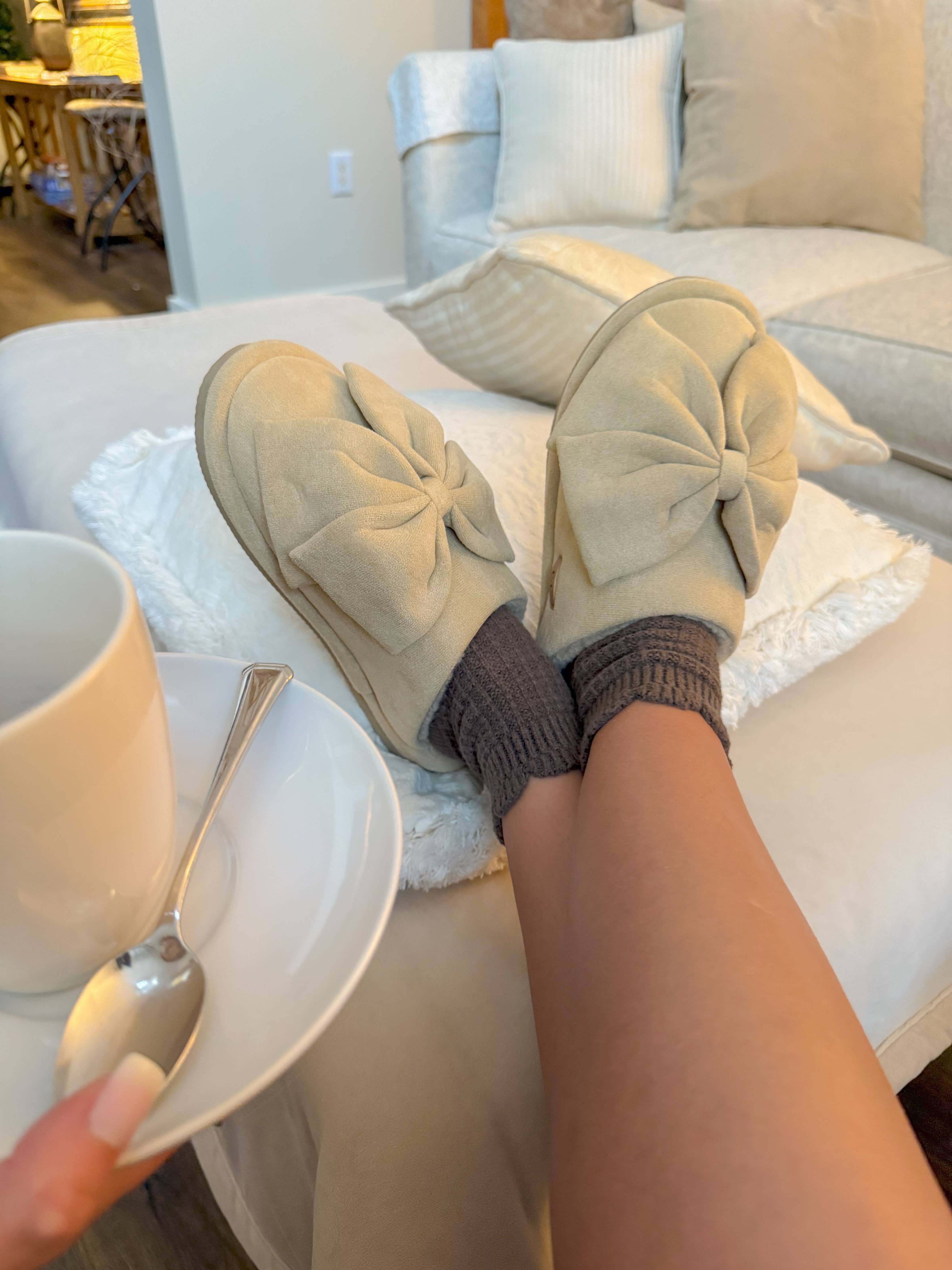Fur Suede Bow Slippers