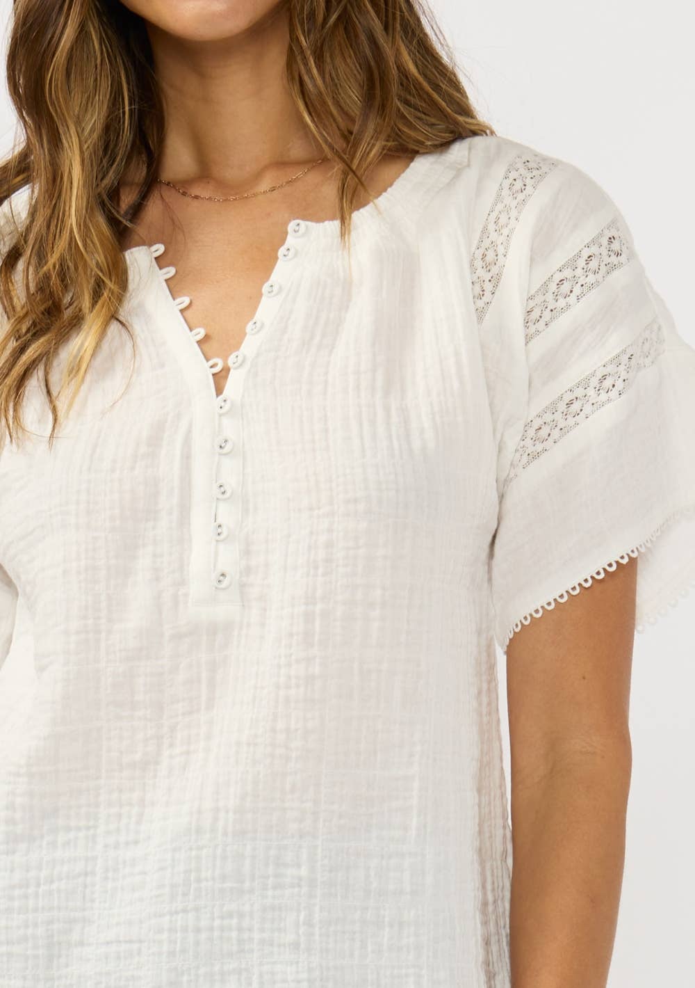 Half Button Front Top with Lace Trims