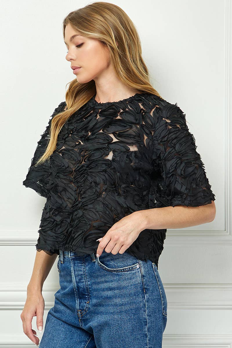 Petal Textured Sheer Top in Black