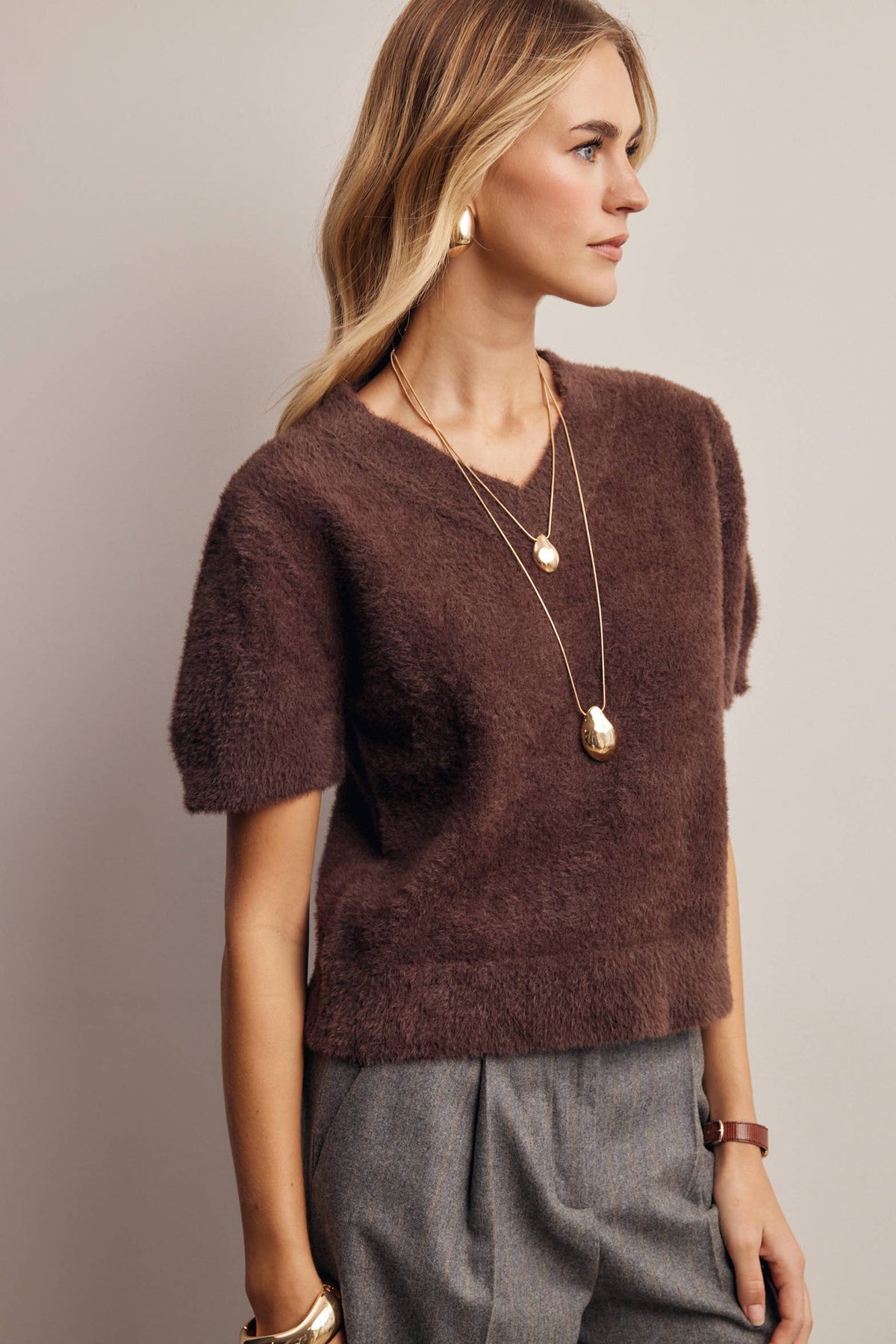 Fuzzy V-Neck Knit Top
